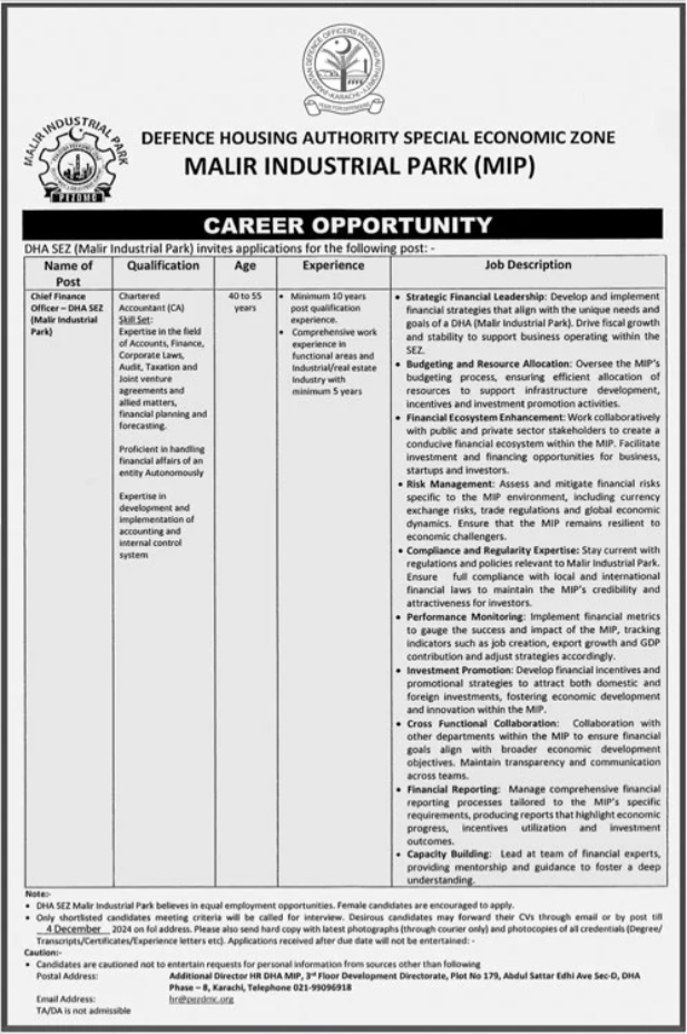 Chief Financial Officer (CFO) Jobs at Defence Housing Authority Special Economic Zone