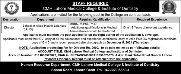 CMH Lahore Medical College Director Position 2024 – Apply Now