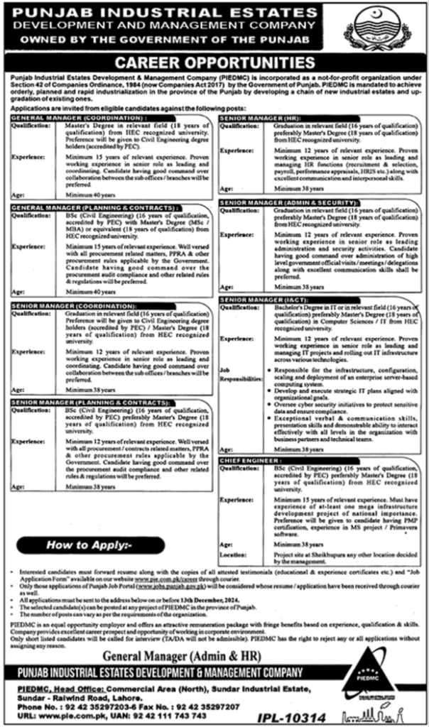 Exciting Opportunity: Punjab Industrial Estates (PIE) Jobs 2024 for General Manager and Managerial Positions