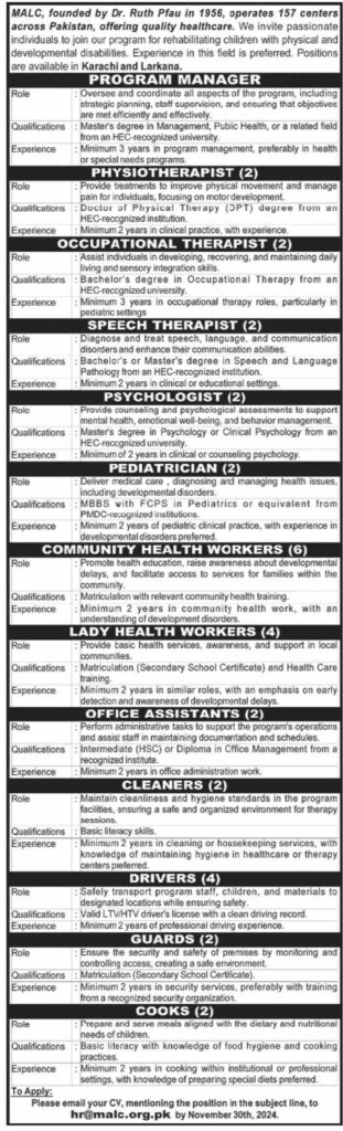 Marie Adelaide Leprosy Centre (MALC) Karachi Jobs 2024