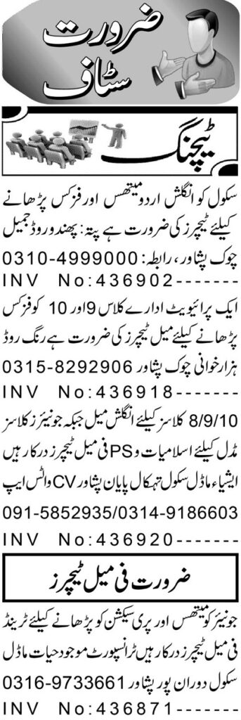 English & Urdu Teacher Jobs at Private School in Peshawar