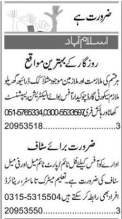 Receptionist & Chowkidar Jobs 2024 in Islamabad