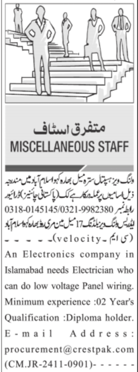 Electrician & Cook Jobs 2024 in Islamabad