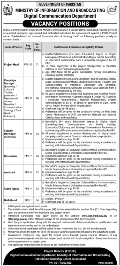 Ministry of Information & Broadcasting Jobs 2024 in Islamabad