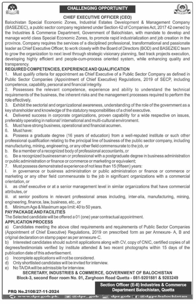 BASEZIEC Balochistan Special Economic Zone Jobs 2024: CEO Opportunity