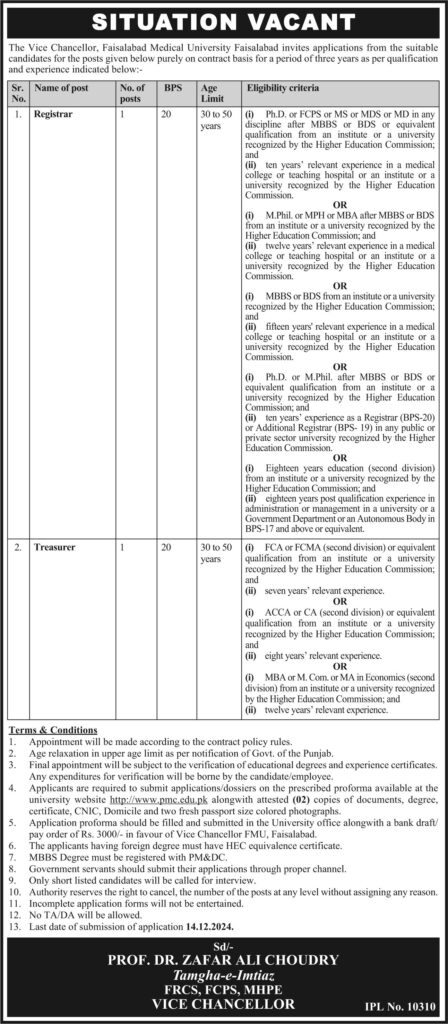 Faisalabad Medical University (FMU) Jobs 2024 for Registrar