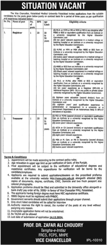 Faisalabad Medical University Jobs 2024