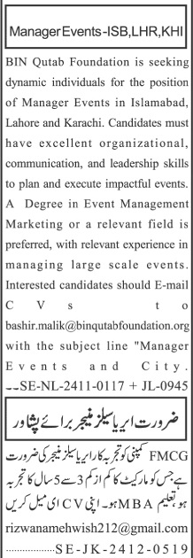 Management Staff (Manager, Area Sales Manager, ASM, Manager Events)