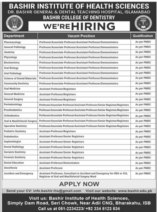 Job Opportunities at Bashir Institute of Health Sciences