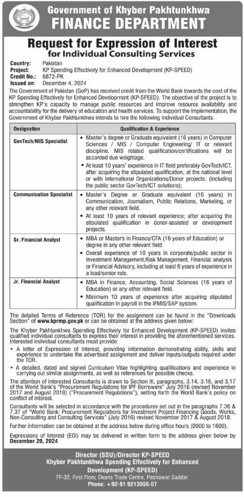 Vacant Positions at Finance Department KPK