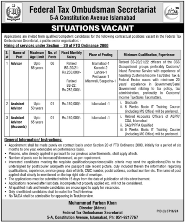 Assistant Advisor & Advisor (Federal Tax Ombudsman Secretariat, Islamabad)