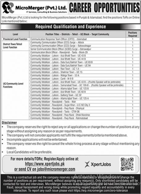 Vacancies at Micro Merger Pvt Limited - Lahore