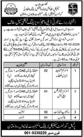 Govt Technical Training Institute Khanewal Road Multan Jobs 2024