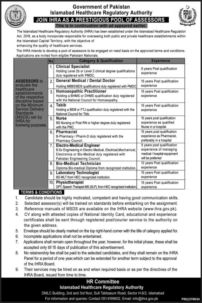 Islamabad Healthcare Regulatory Authority (IHRA) Jobs 2024