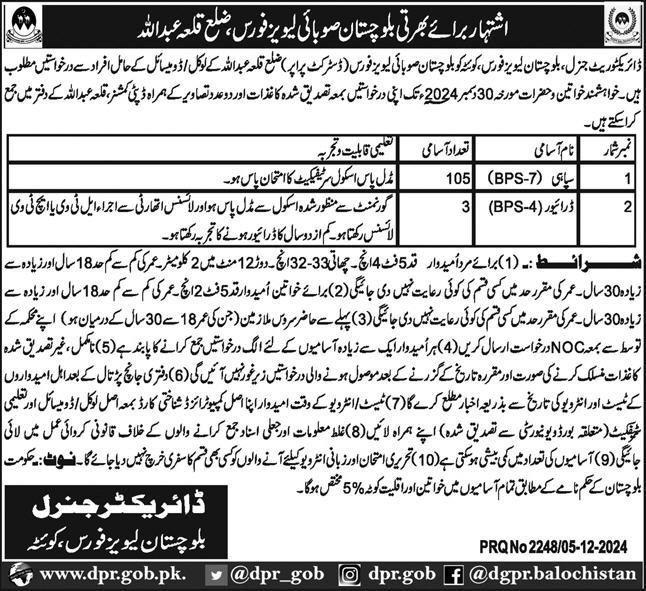 Job Opportunity with Balochistan Levies Force