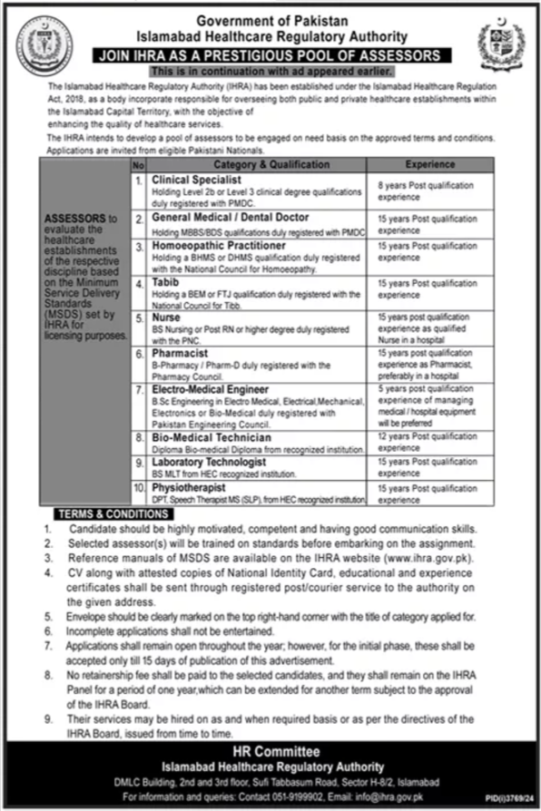 Multiple Positions at Islamabad Healthcare Regulatory Authority (IHRA)