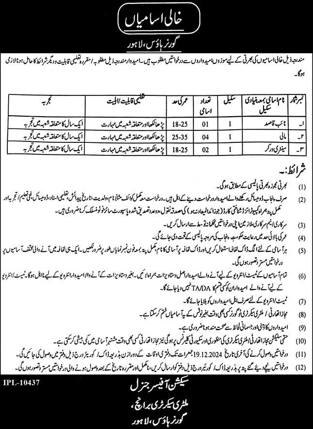 Various Positions at Governor House Lahore