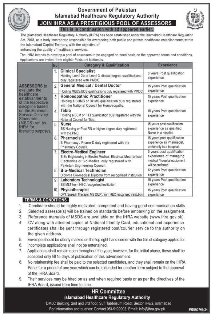 Multiple Positions – Islamabad Healthcare Regulatory Authority (IHRA) Islamabad (2024)