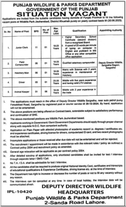 Jobs Announcement at Punjab Wildlife & Parks Department