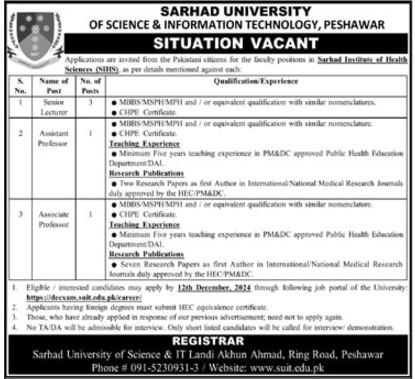 Associate Professor, Lecturer & Assistant Professor Positions – Sarhad University Peshawar (2024)