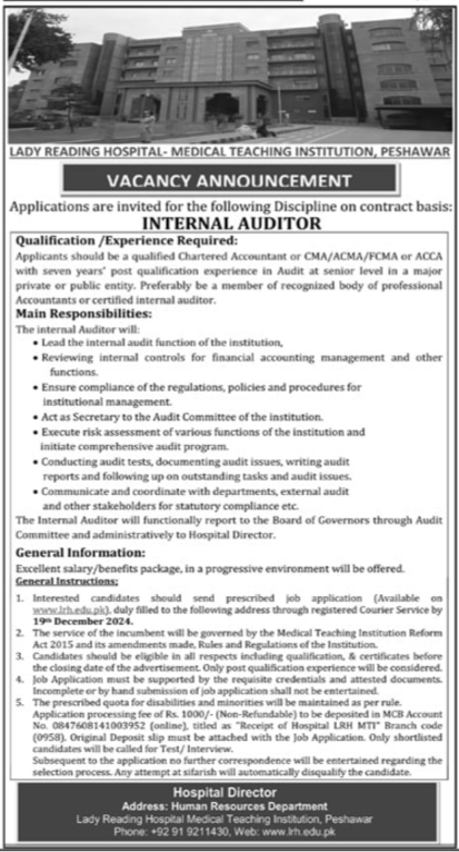 Internal Auditor at Lady Reading Hospital