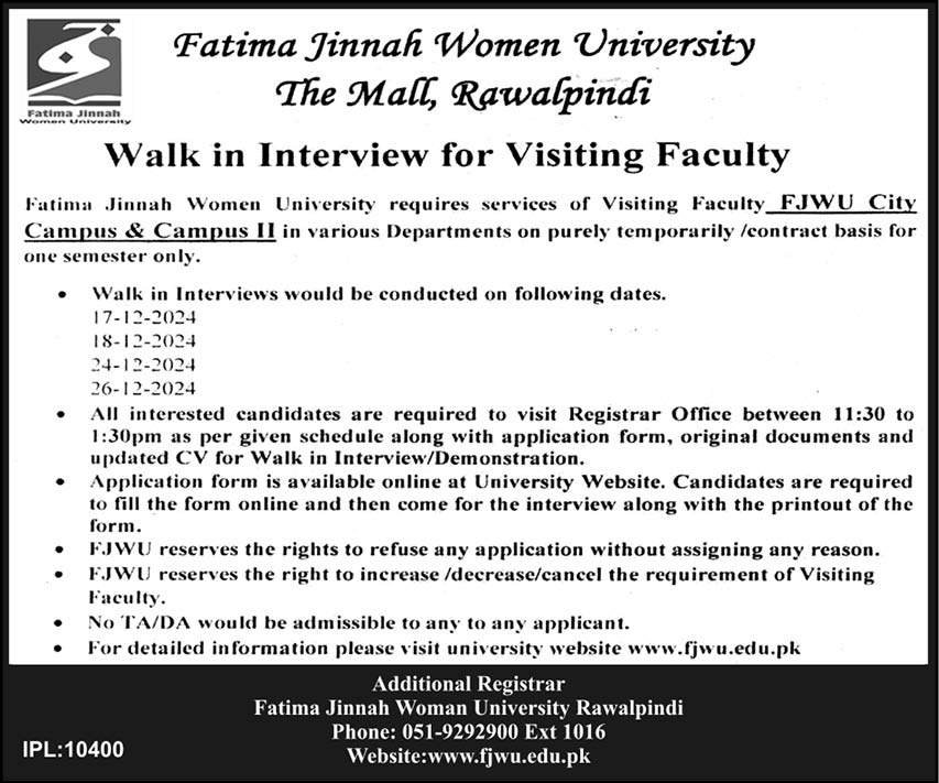 Teaching Jobs Interviews at Fatima Jinnah Women University, Rawalpindi