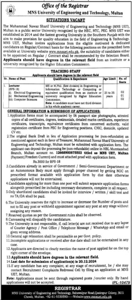 Teaching Positions at MNS University of Engineering and Technology