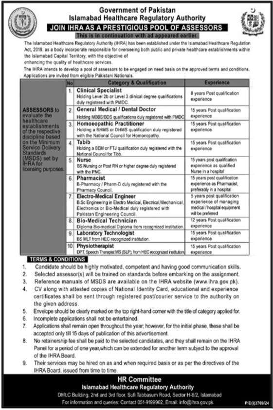 Islamabad Healthcare Regulatory Authority (IHRA) Job Openings 2024