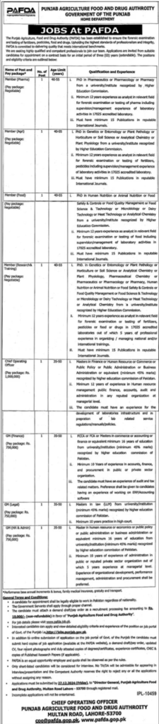 Job Positions at Punjab Agriculture Food & Drug Authority (PAF&DA)