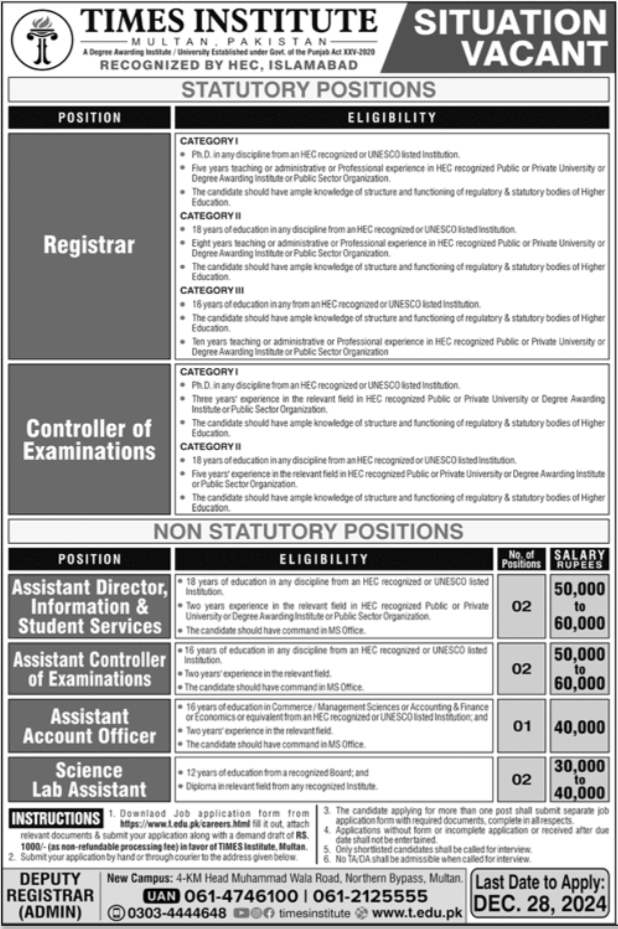 Assistant Director, Registrar, and Other Management Positions