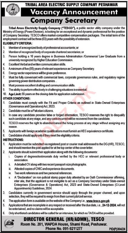 Company Secretary at Tribal Areas Electricity Supply Company (TESCO)