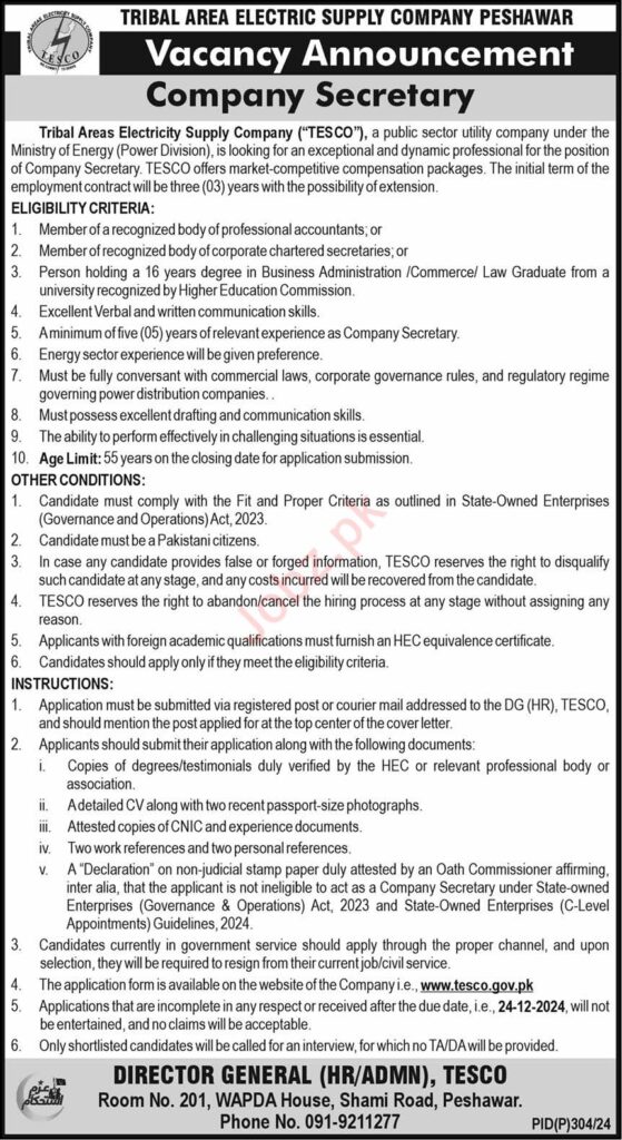 Company Secretary at Tribal Areas Electricity Supply Company (TESCO)