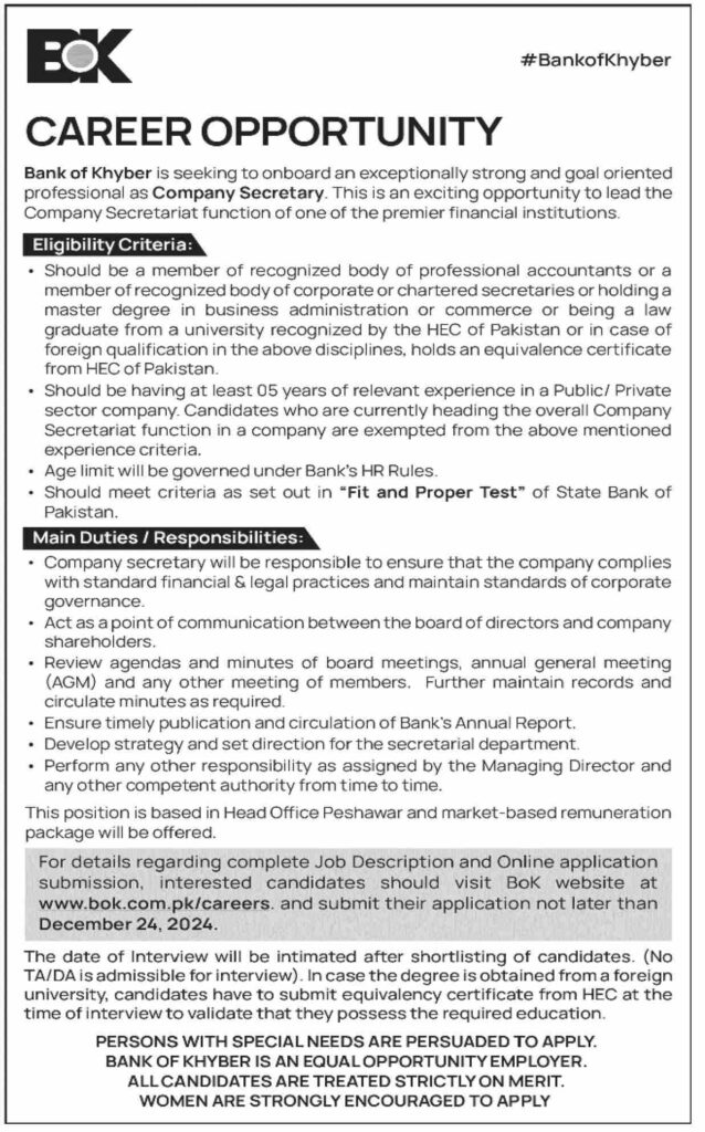 Company Secretary at The Bank of Khyber (BOK)