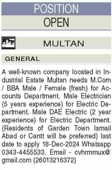 Male Staff and Electrician at a Private Company in Multan