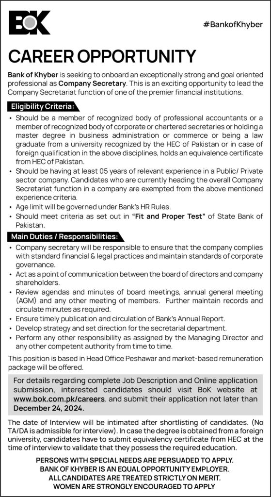 Company Secretary at The Bank of Khyber (BOK) Peshawar