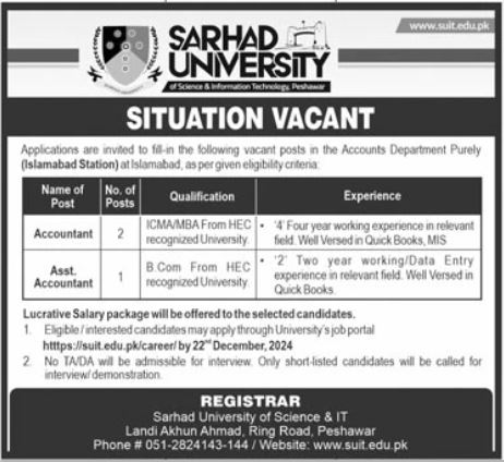 Situations Vacant at Sarhad University of Science & Information Technology