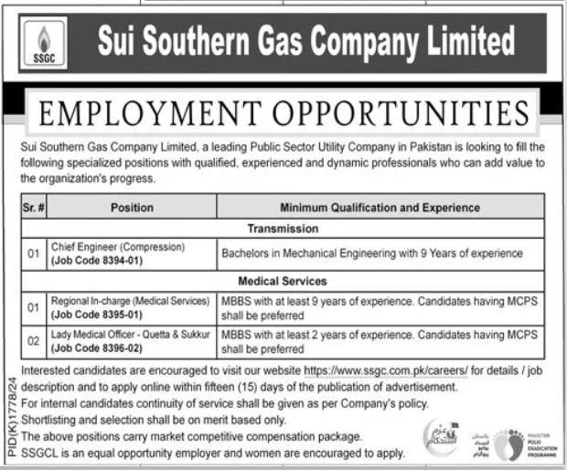 Job Vacancies at Sui Southern Gas Company Limited (SSGC), Karachi