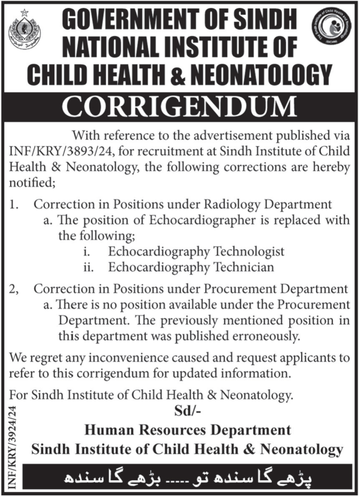 Job Vacancies at Sindh Institute of Child Health & Neonatology (SICHN)