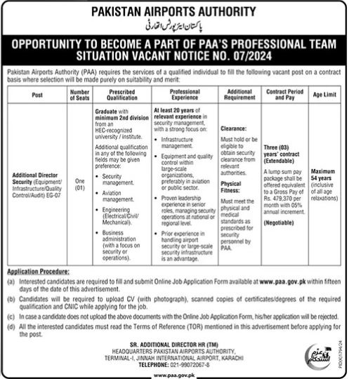 Additional Director Security at Pakistan Airports Authority (PAA)