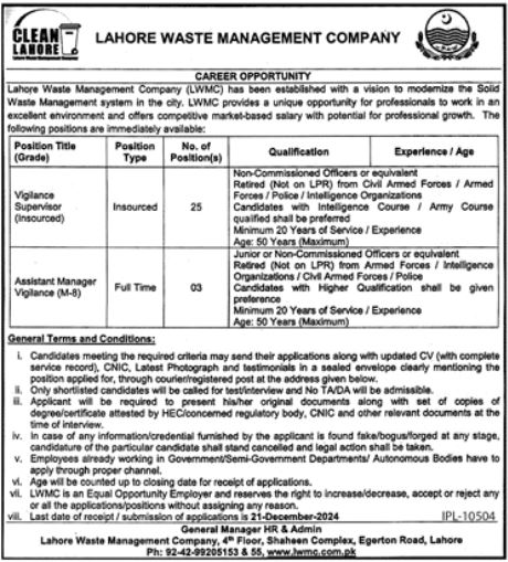 Lahore Waste Management Company (LWMC) Jobs 2024 for Vigilance Supervisor & Assistant Manager Vigilance