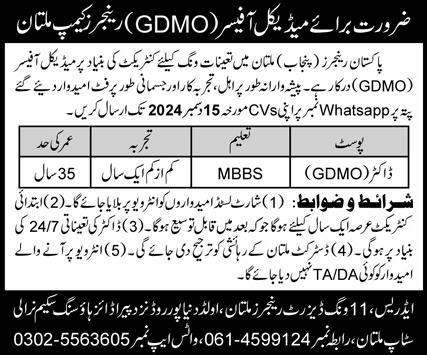 Doctor, GDMO, and Medical Officer Positions at Pakistan Rangers