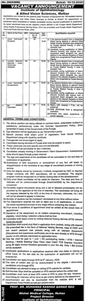 Job Opportunities at Nishat Medical College (Institute of Ophthalmology & Allied Vision)