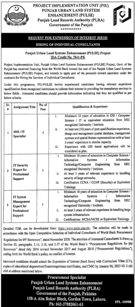 Positions at Punjab Land Records Authority (PLRA)