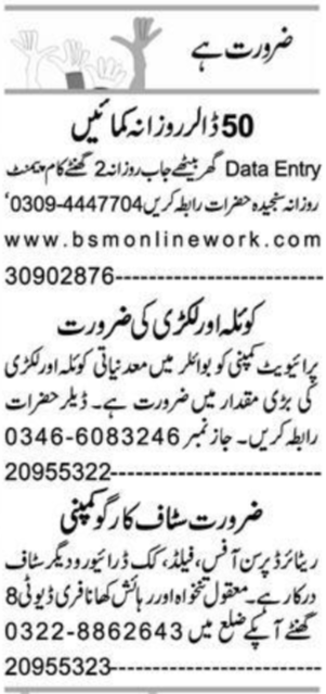 Data Entry Operator & Cook Jobs 2025 in Faisalabad