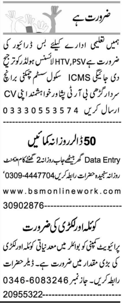 Bus Driver & Data Entry Operator Jobs 2025 in Peshawar