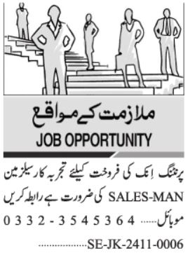 Salesman Jobs 2025 in Printing Ink Company, Karachi