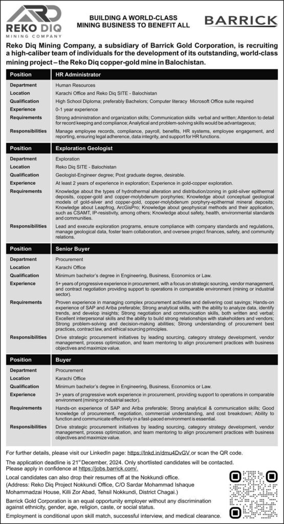 Job Positions at Barrick Pakistan