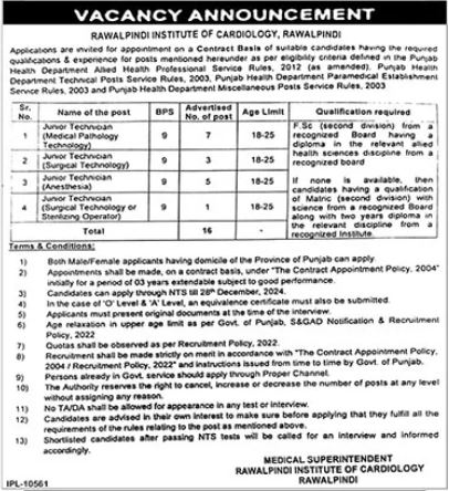 Positions Available at Rawalpindi Institute of Cardiology