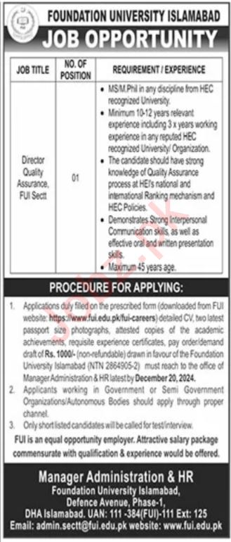 Director of Quality Assurance at Foundation University Islamabad