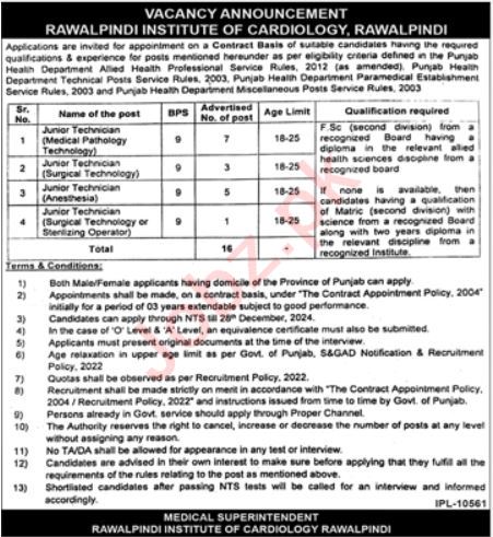 Technician Positions at Rawalpindi Institute of Cardiology (RIC)